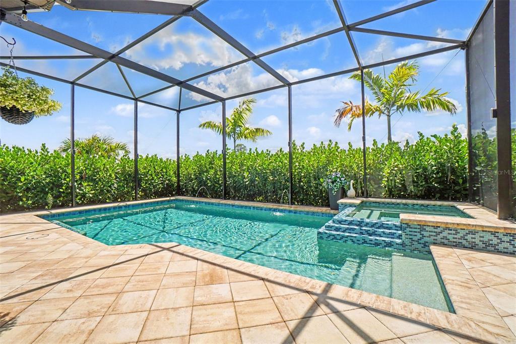 A screened-in swimming pool and spa with a tiled deck and lush green privacy hedge — 43789 CATTLEMAN DRIVE, PUNTA GORDA, FL