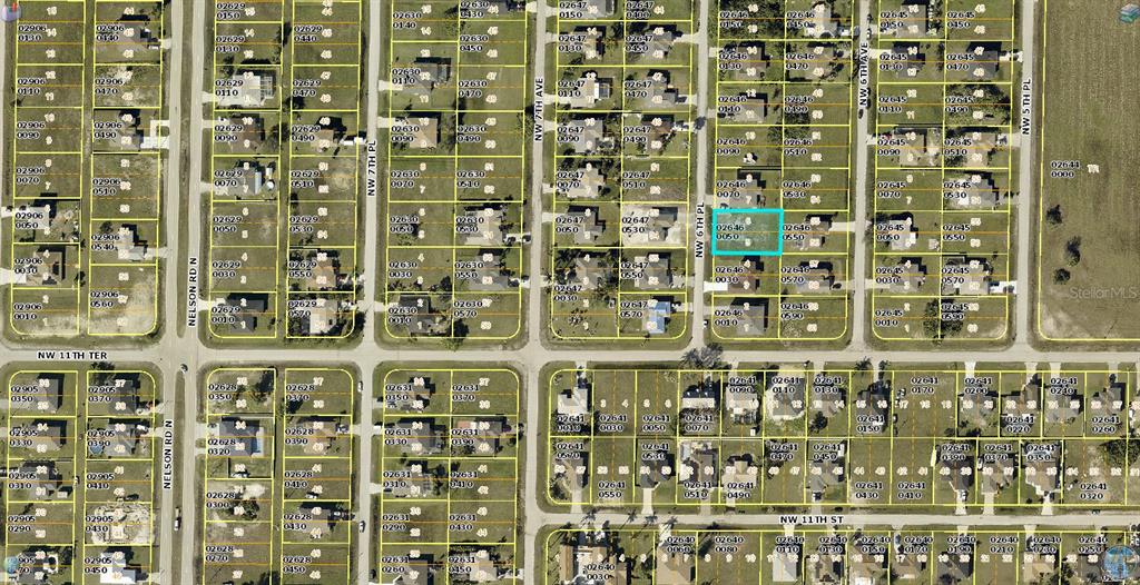 This is an aerial map showing residential lots and streets in a suburban neighborhood — 1119 NW 6TH PLACE, CAPE CORAL, FL
