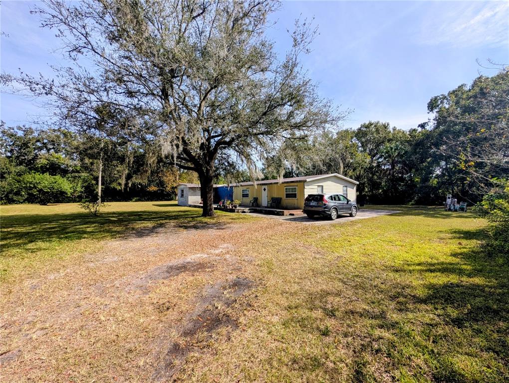A single-story yellow house sits on a large grassy lot under a large tree — 8412 PETERSON ROAD, ODESSA, FL