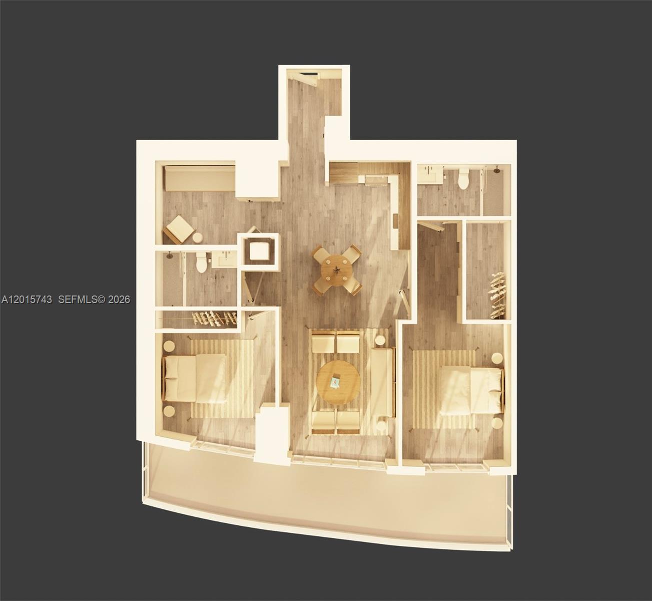 This is a 3D floor plan rendering of a two-bedroom apartment with a large balcony — 275 SW 6th St # 5307, Miami FL 33130, MIAMI, FL