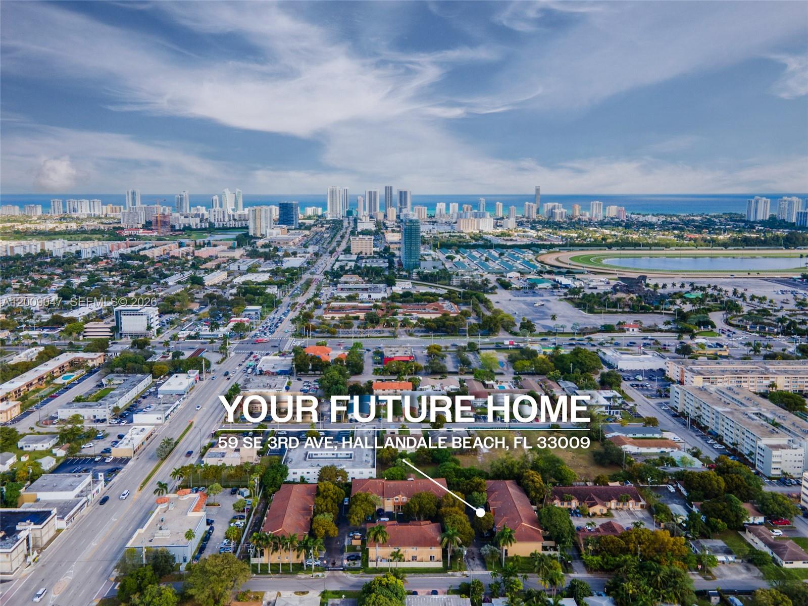 An aerial view shows a multi-unit residential complex surrounded by trees and urban infrastructure — 59 SE 3rd Ave # 59, Hallandale Beach FL 33009, HALLANDALE BEACH, FL