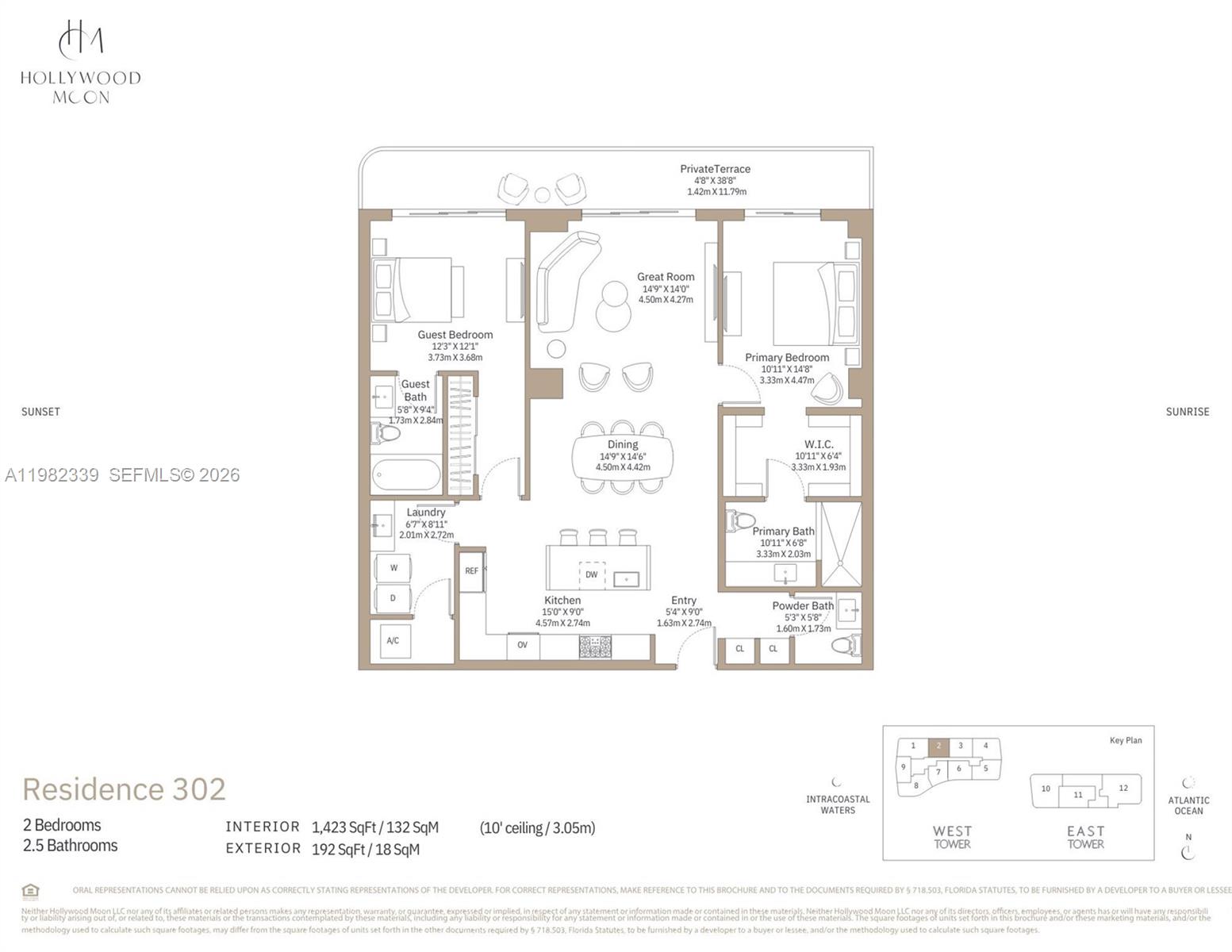 This is a floor plan for a two-bedroom, 2.5-bathroom residential unit with a private terrace — 901 S Ocean Dr # 302, Hollywood FL 33019, HOLLYWOOD, FL