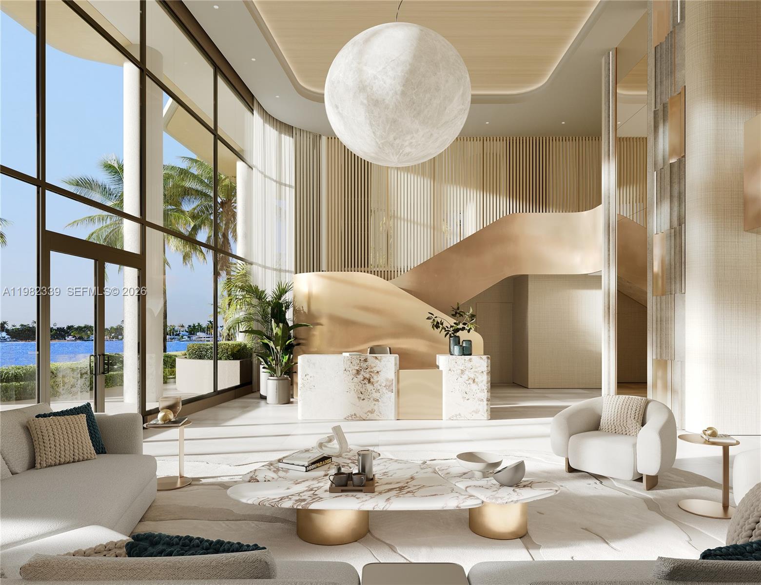 This rendering shows a luxury lobby with a marble reception desk, grand staircase, and floor-to-ceiling windows — 901 S Ocean Dr # 302, Hollywood FL 33019, HOLLYWOOD, FL