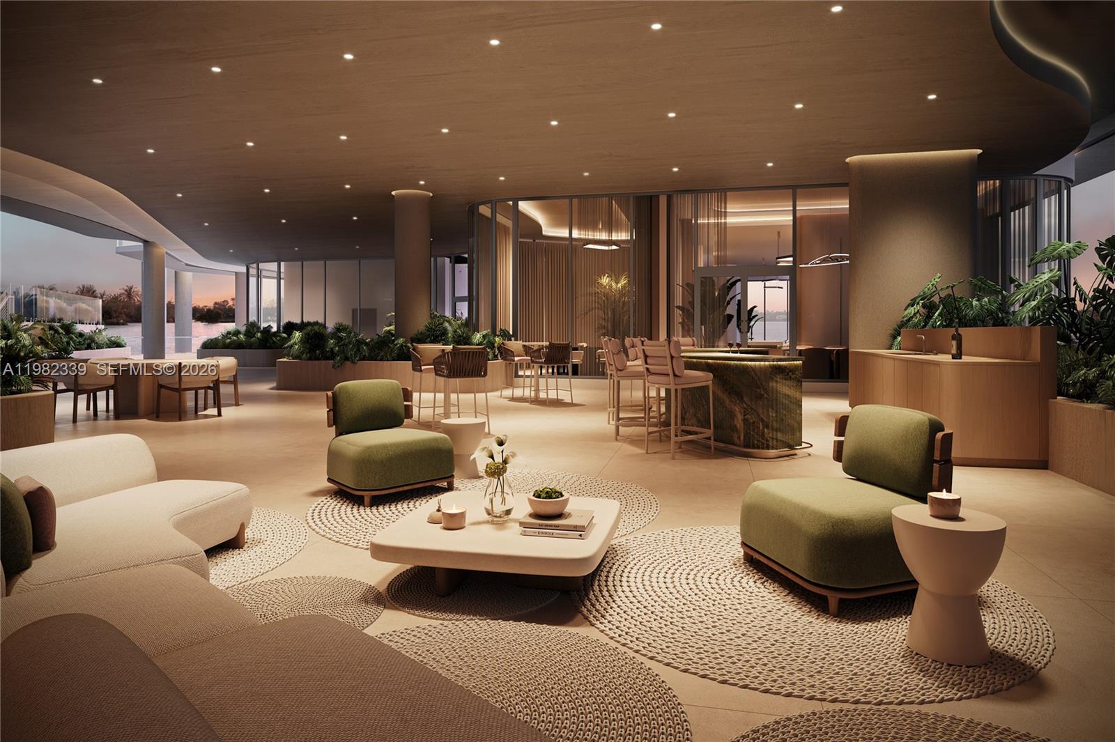 This rendering shows a modern, open-concept lounge area with green armchairs and a marble bar — 901 S Ocean Dr # 302, Hollywood FL 33019, HOLLYWOOD, FL