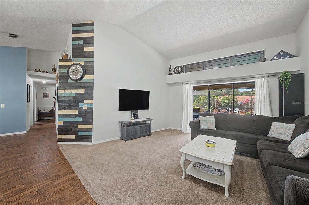 A living room features a wood-paneled accent wall, a television, and a large sectional sofa — 3916 BROOMSEDGE LANE, VALRICO, FL