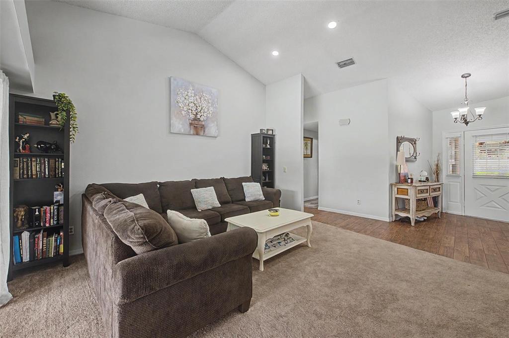 A living room features a brown sectional sofa, a coffee table, and a tall bookshelf — 3916 BROOMSEDGE LANE, VALRICO, FL