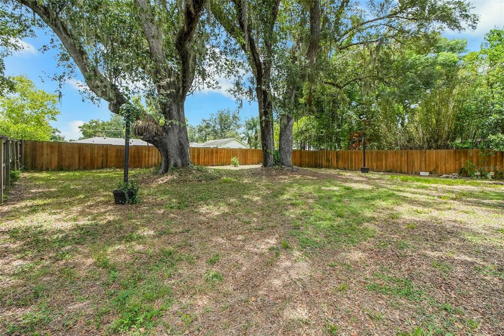 A large, grassy backyard features two mature oak trees and a tall wooden privacy fence — 301 S HAMPTON AVENUE, ORLANDO, FL