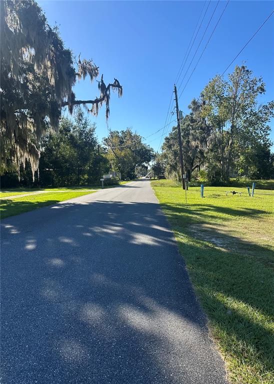 A paved road stretches into the distance, flanked by grassy lawns and large, moss-draped trees — Lot 8 NE 1ST STREET, WILLISTON, FL