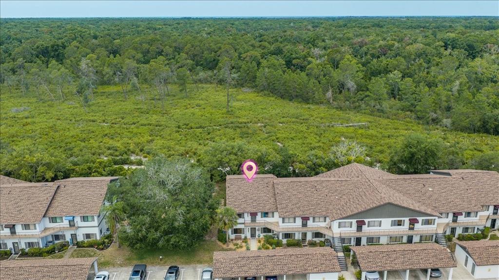 An aerial view shows a multi-story residential building complex adjacent to a large wooded area — 6653 RIVER RUN BOULEVARD UNIT 6653, WEEKI WACHEE, FL