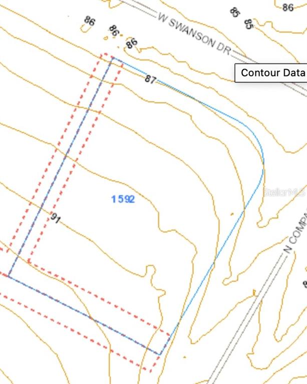 This is a topographic map showing contour lines and property boundaries for a land parcel — 1592 W SWANSON DRIVE, CITRUS SPRINGS, FL