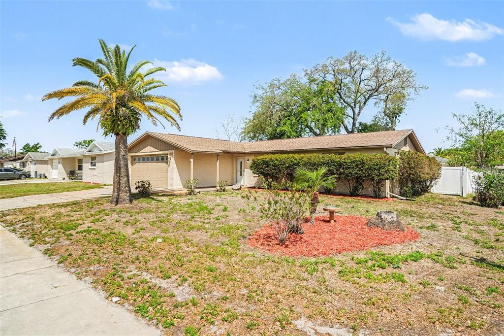 A single-story tan house features a palm tree, a front lawn, and a garage — 7255 FIRESIDE DRIVE, PORT RICHEY, FL