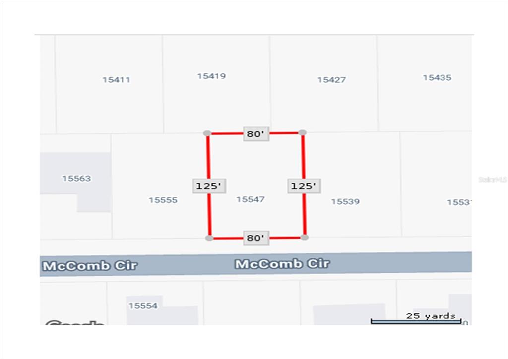 This is a map showing the rectangular property boundaries and dimensions of a residential lot — 15547 MCCOMB CIRCLE, PORT CHARLOTTE, FL