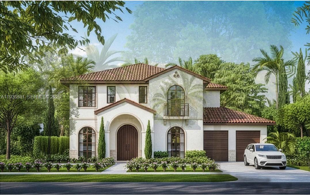 A rendering of a two-story Mediterranean-style house with a tiled roof and two-car garage — 446 Madeira Ave, Coral Gables FL 33134, CORAL GABLES, FL