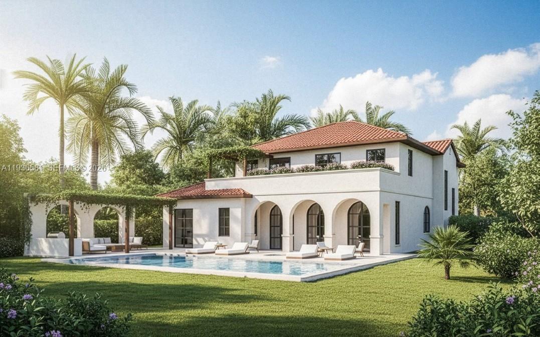 This architectural rendering shows a two-story Mediterranean-style house with a pool and pergola — 446 Madeira Ave, Coral Gables FL 33134, CORAL GABLES, FL