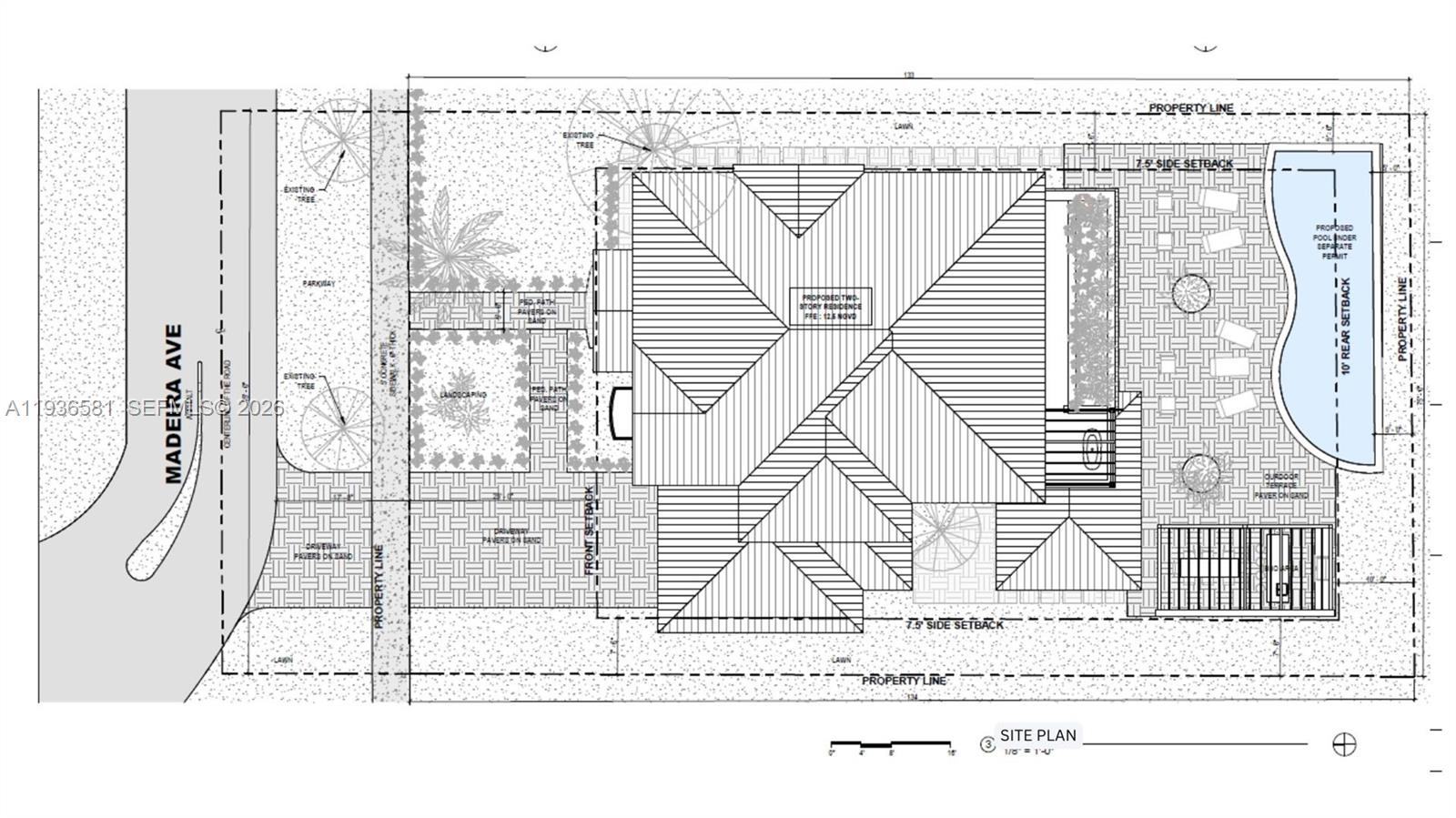This is a site plan rendering showing a proposed two-story residence with a pool — 446 Madeira Ave, Coral Gables FL 33134, CORAL GABLES, FL
