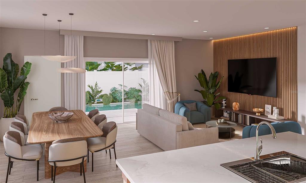 This rendering shows an open-concept living and dining area with a pool view — 137 PEGASUS STREET, DAVENPORT, FL