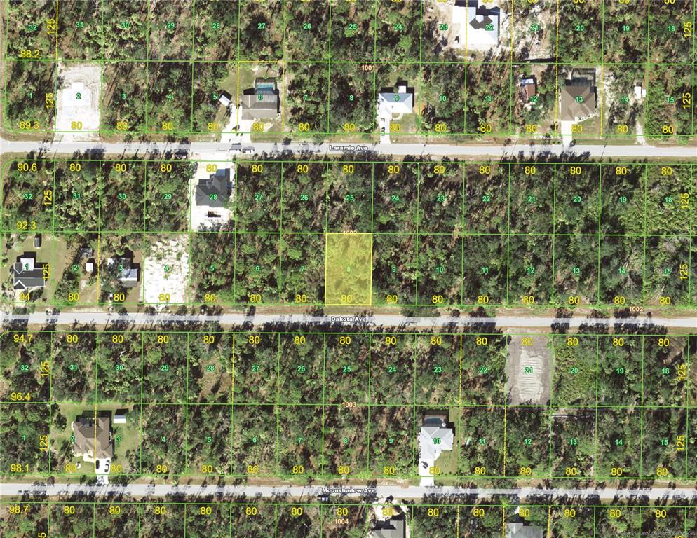 This is a satellite map showing residential land parcels and streets — 18356 DAKOTA AVENUE, PORT CHARLOTTE, FL
