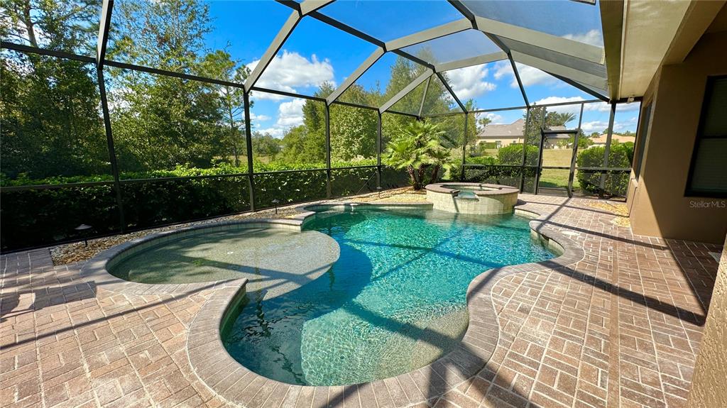 A screened-in pool area features a spa, brick pavers, and a view of landscaping — 6752 SW 179TH AVENUE ROAD, DUNNELLON, FL