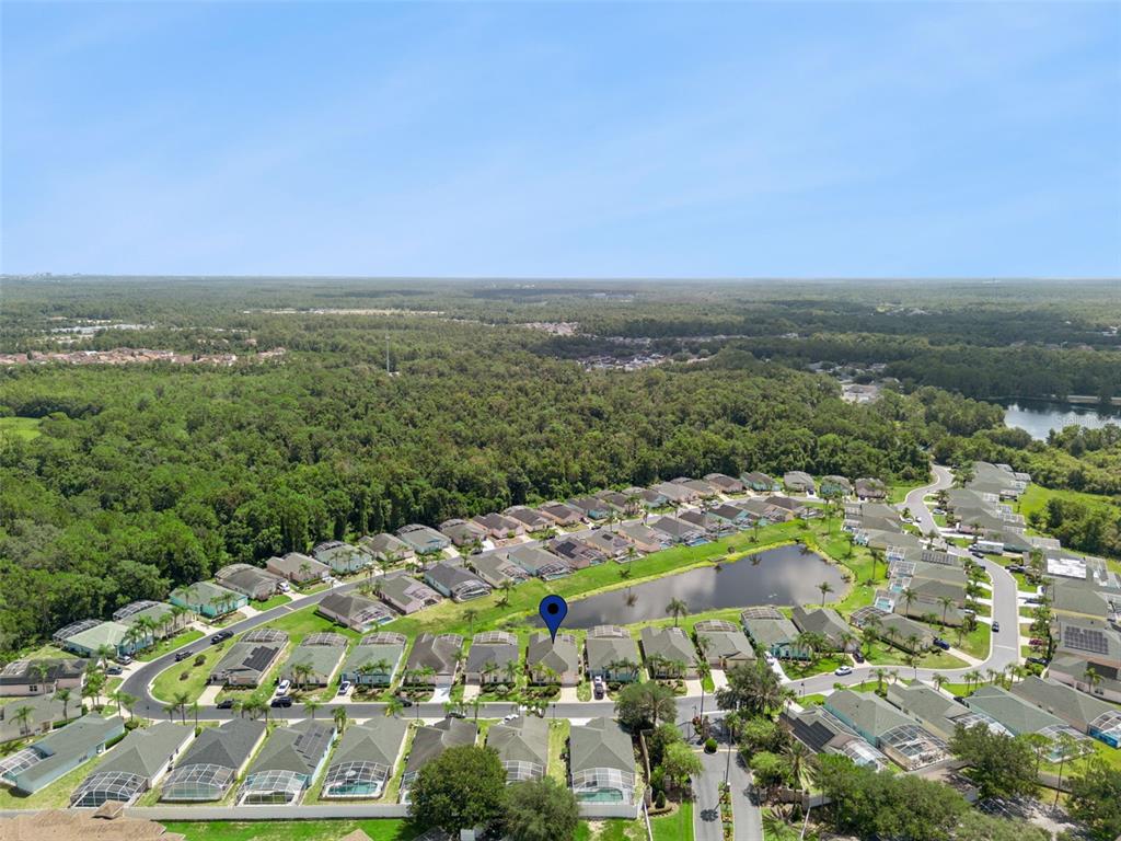 An aerial view shows a suburban neighborhood with houses surrounding a central pond — 621 RESERVE DRIVE, DAVENPORT, FL