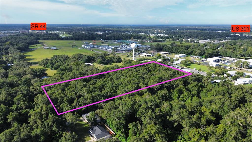 An aerial view shows a rectangular plot of land outlined in pink amidst dense trees — TBD S ST CLAIR ST, WILDWOOD, FL