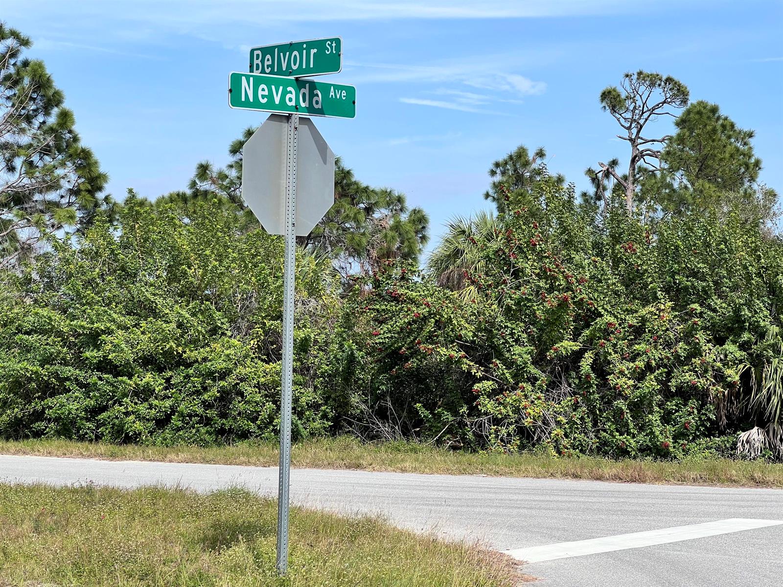 A street sign for Belvoir St and Nevada Ave stands beside a paved road — 14019 Nevada Avenue, FL 33953, FL