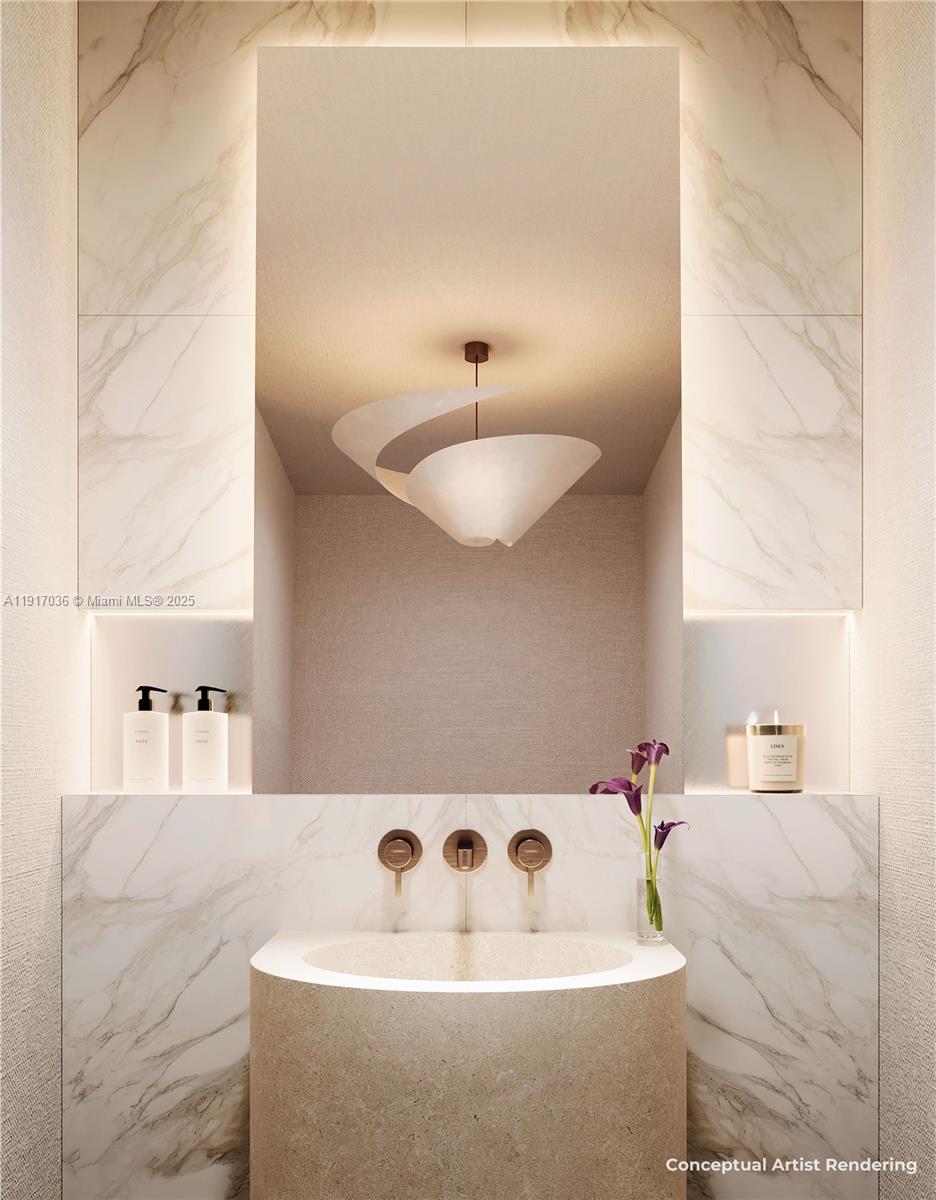 This is a conceptual artist rendering of a modern bathroom featuring marble walls and a pedestal sink — 2901 Indian Creek, Miami Beach FL 33140, MIAMI BEACH, FL