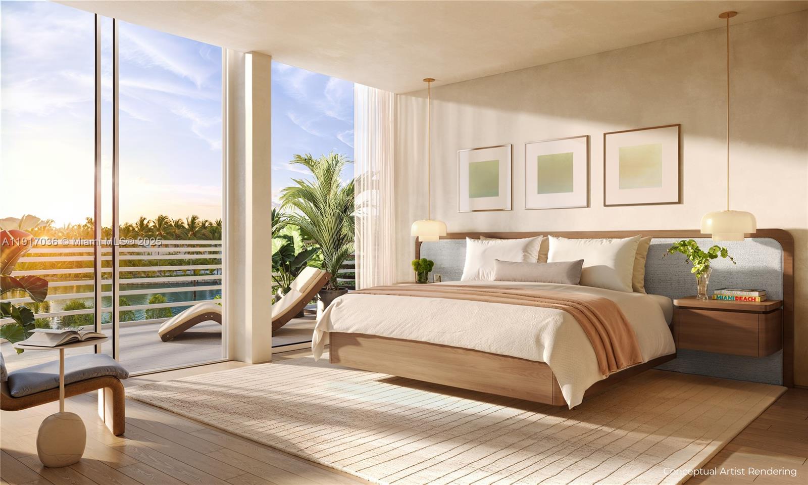This conceptual artist rendering shows a modern bedroom with a balcony overlooking a waterway — 2901 Indian Creek, Miami Beach FL 33140, MIAMI BEACH, FL
