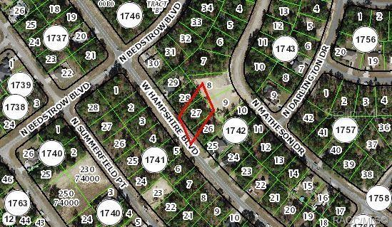 This is a map showing a highlighted parcel of land located between two residential streets — 1195 W HAMPSHIRE BOULEVARD, CITRUS SPRINGS, FL