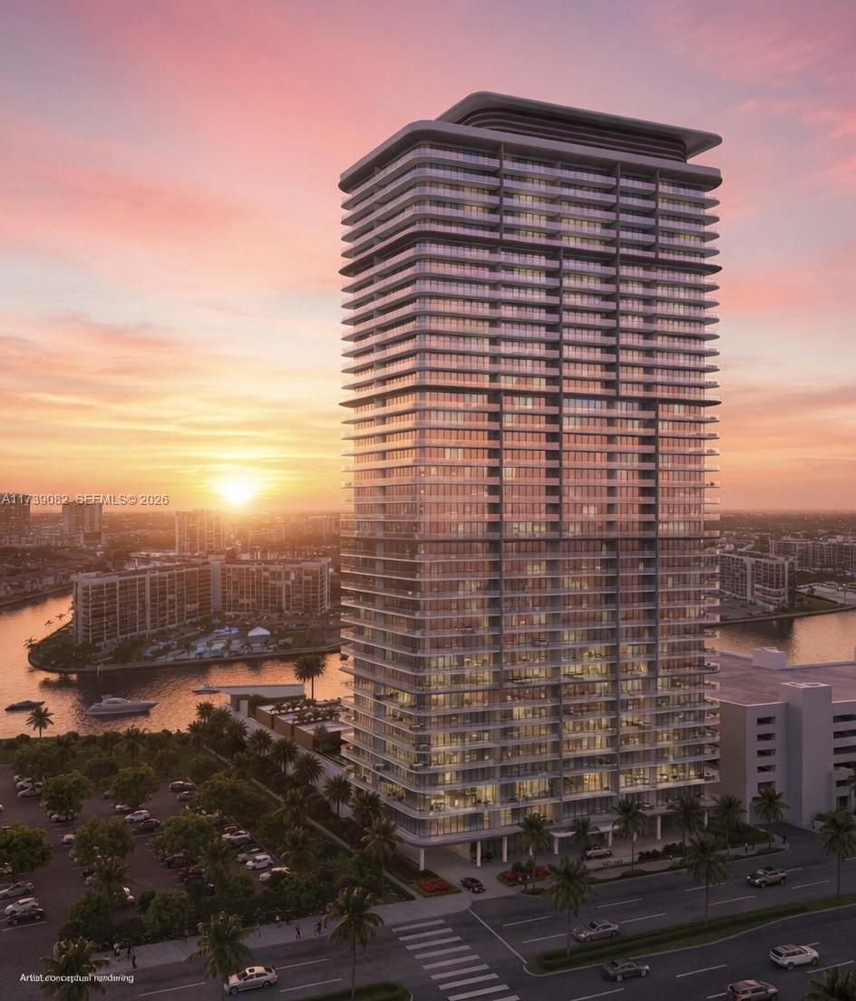 This is an artist conceptual rendering of a modern high-rise residential tower at sunset — 3724 S OCEAN DR # 902, Hollywood FL 33019, HOLLYWOOD, FL
