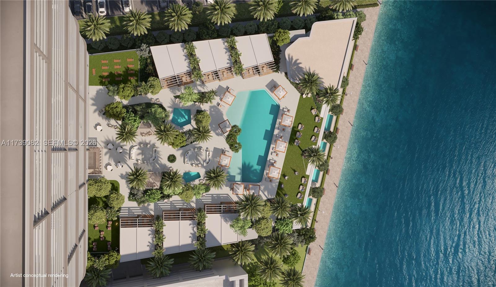 This is an artist conceptual rendering of a luxury waterfront pool deck with cabanas — 3724 S OCEAN DR # 902, Hollywood FL 33019, HOLLYWOOD, FL