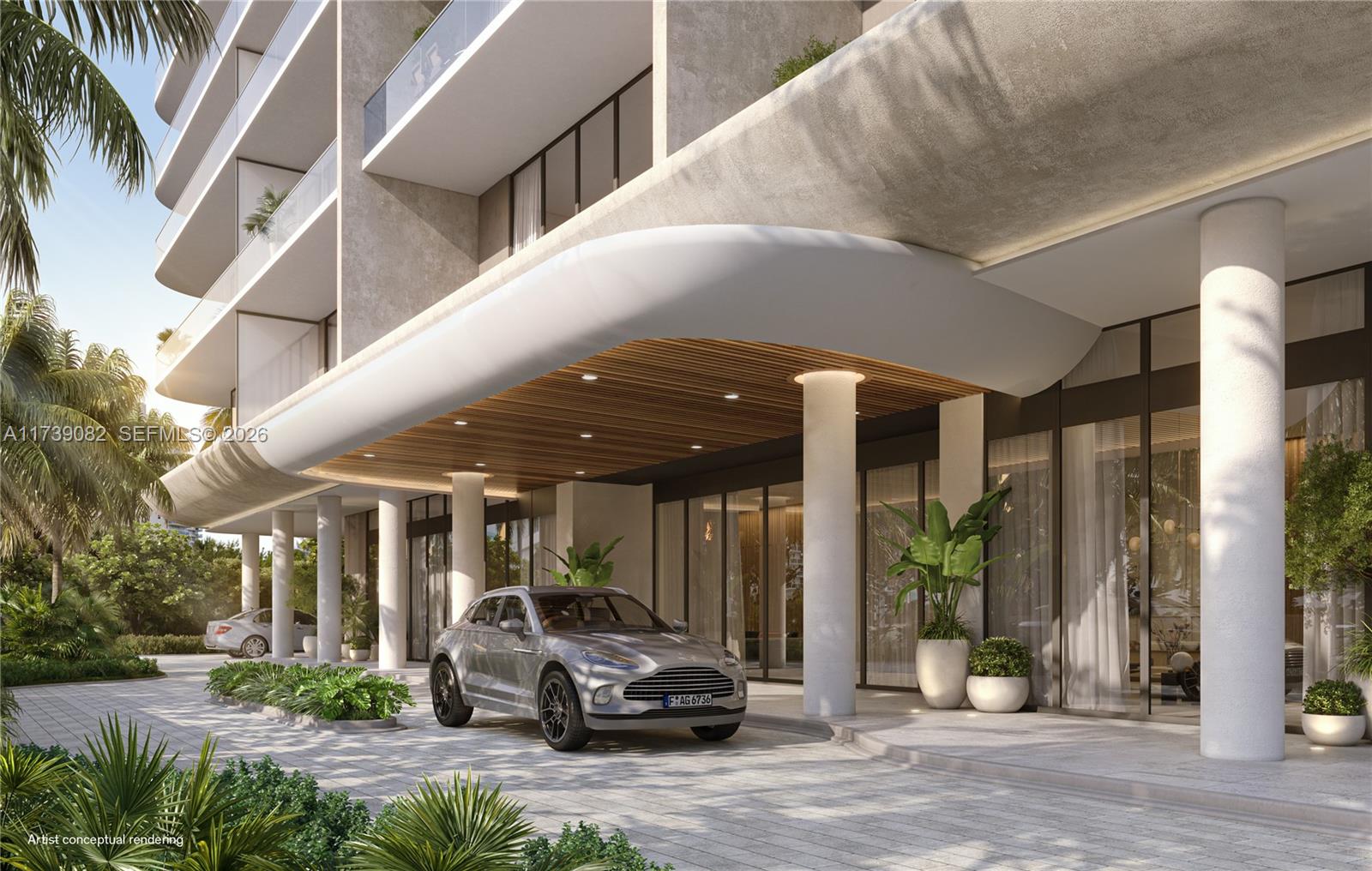 This artist conceptual rendering shows a modern building entrance with a car parked under a canopy — 3724 S OCEAN DR # 902, Hollywood FL 33019, HOLLYWOOD, FL