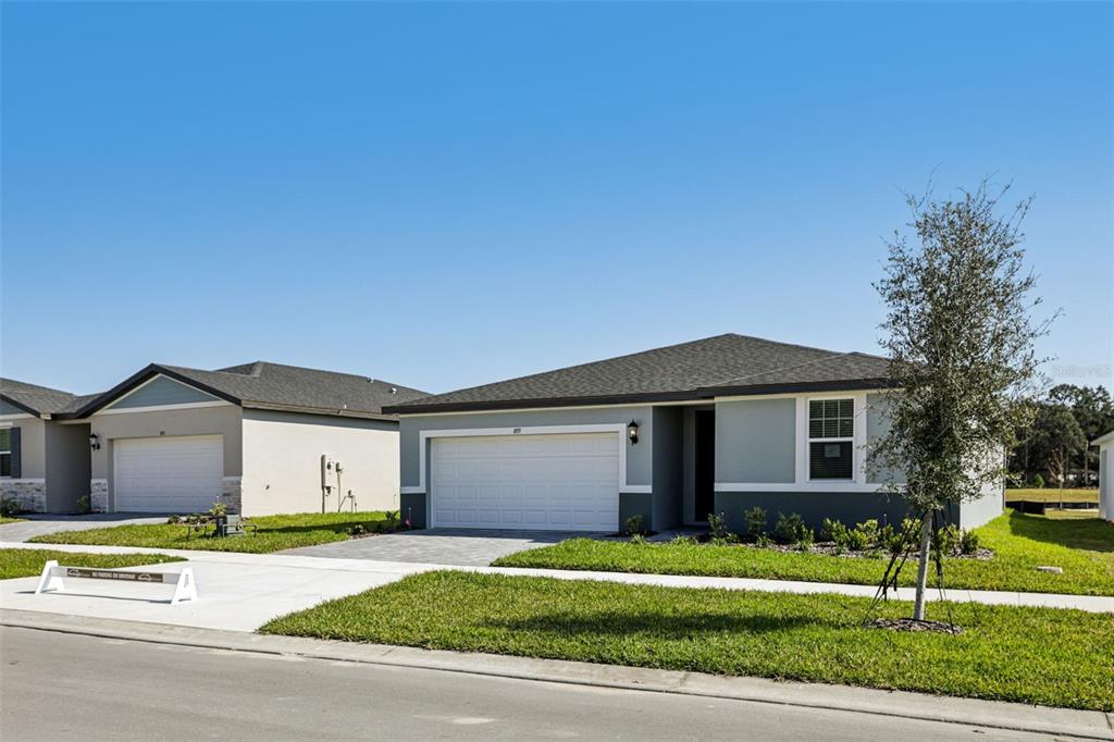 A single-story house with a two-car garage and a paved driveway under a clear sky — 855 SUNSHOWER DRIVE, LADY LAKE, FL
