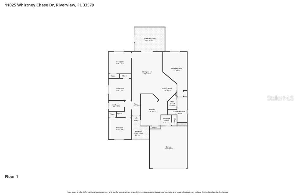This is a floor plan for a single-story house with a garage and screened patio — 11025 WHITTNEY CHASE DRIVE, RIVERVIEW, FL