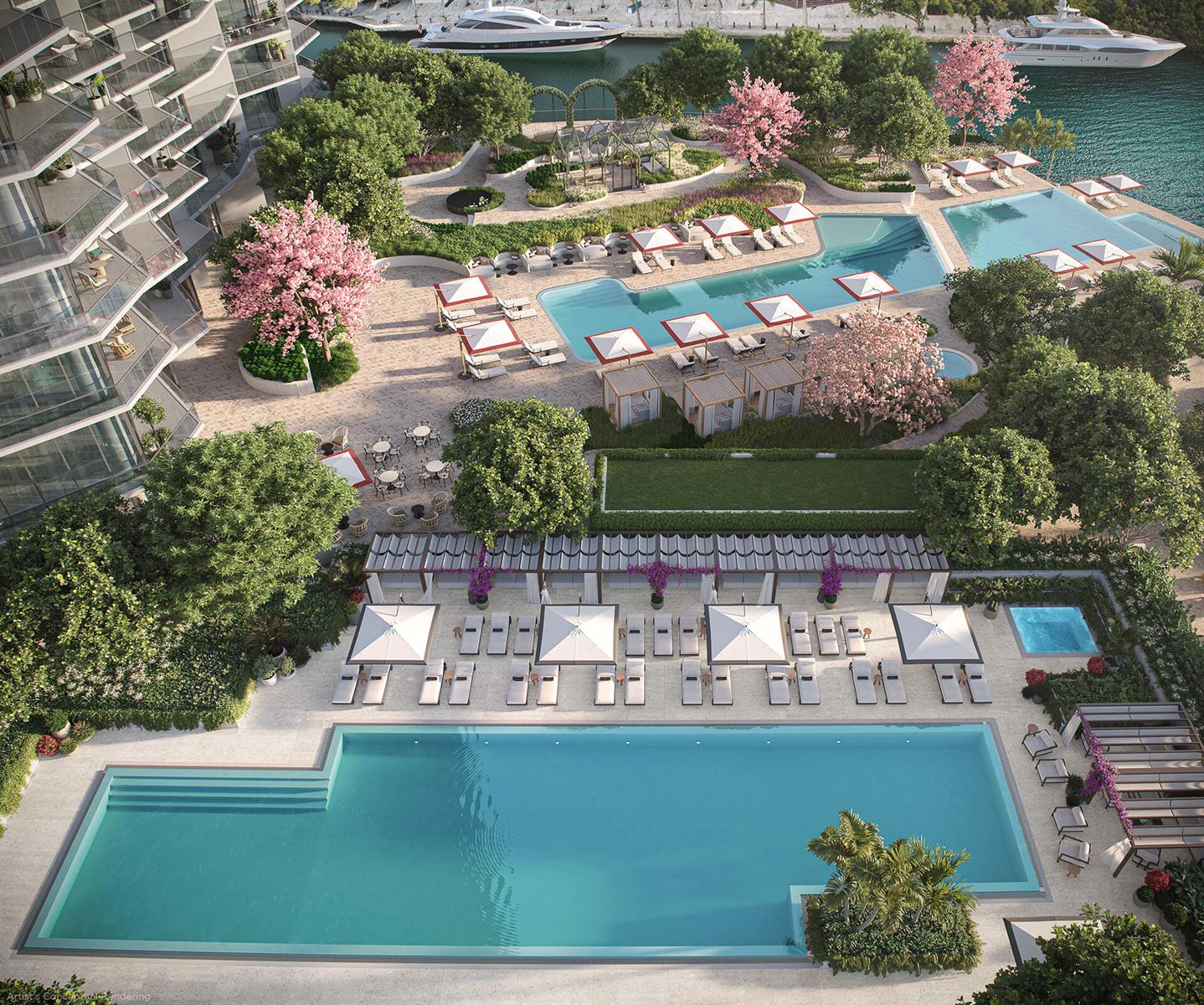 This architectural rendering shows a luxury apartment complex with multiple swimming pools and landscaped gardens — 77 SE 5th Street # 2415, Miami FL 33131, MIAMI, FL