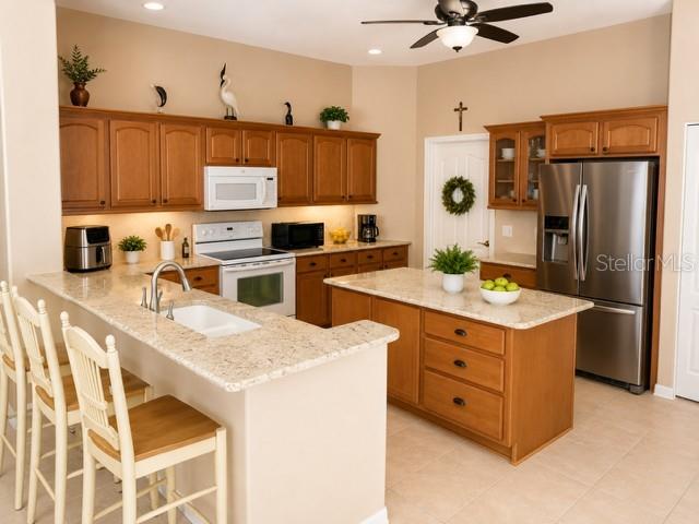 A screened-in patio features white PVC furniture, a dining table, and a ceiling fan — 2021 BLUE BEECH COURT, TRINITY, FL