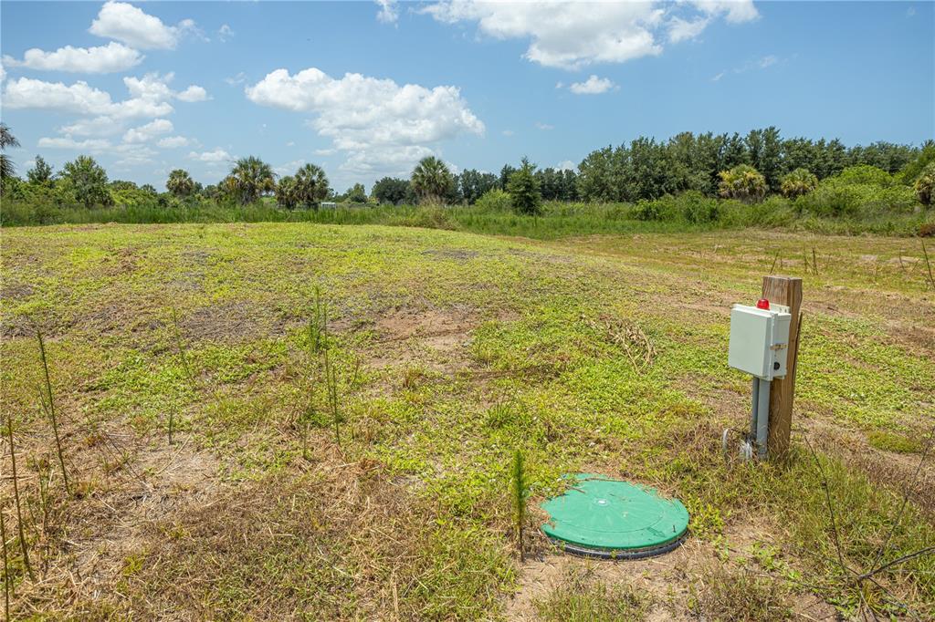 A green septic tank cover and an electrical control box sit on a grassy lot — 29051 MARIS DRIVE, PUNTA GORDA, FL