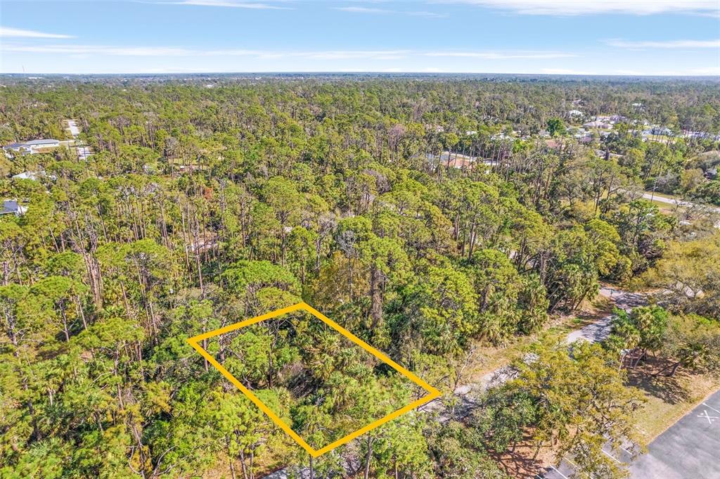 An aerial view shows a rectangular, wooded vacant lot outlined in yellow — 17474 GEDDES AVENUE, PORT CHARLOTTE, FL