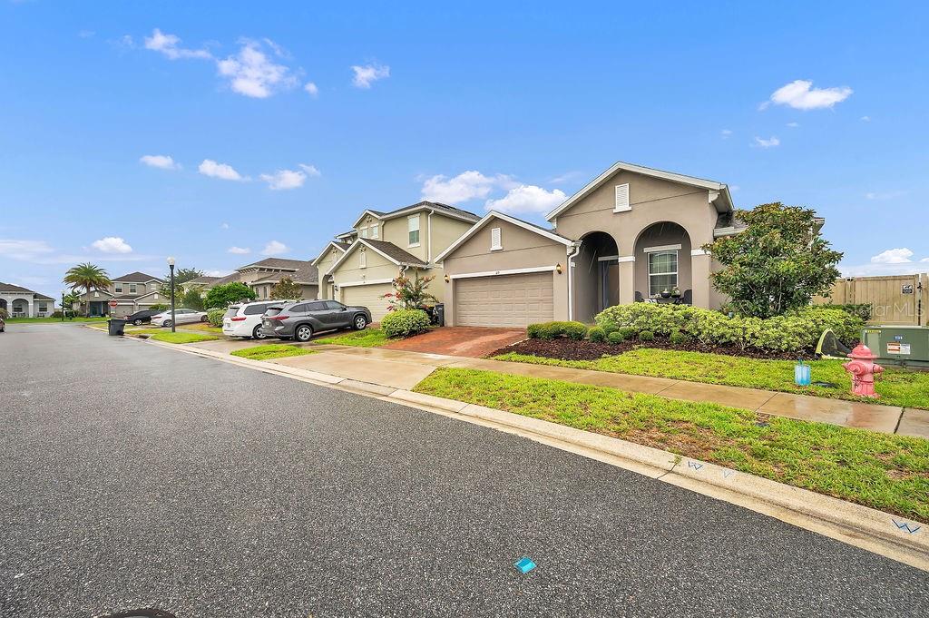 A suburban street view showing two single-family homes with driveways and a fire hydrant — 189 TRINITY RIDGE CIRCLE, DAVENPORT, FL