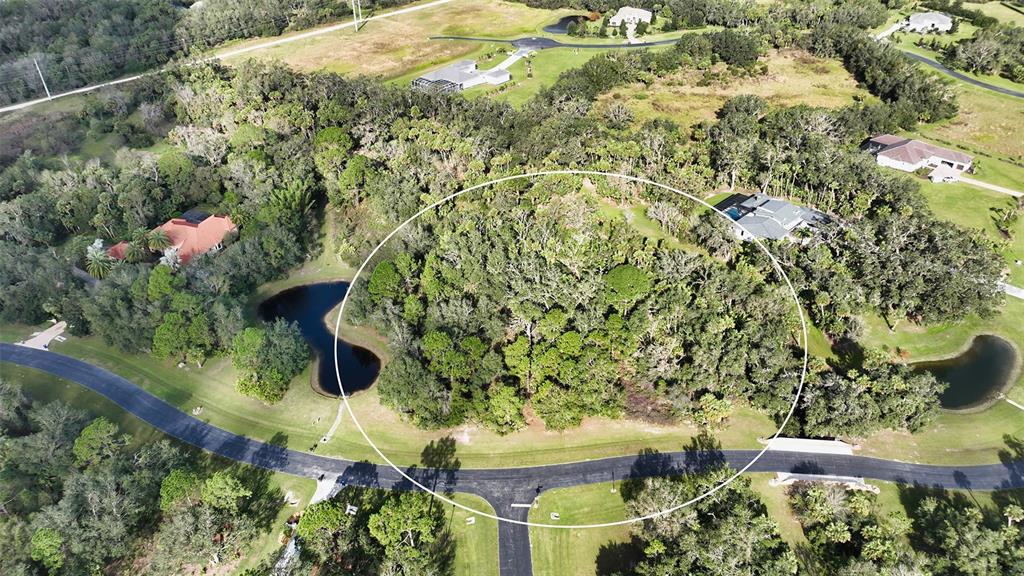 An aerial view shows a wooded residential lot circled in white near a curved road — 9255 SWAYING BRANCH ROAD, SARASOTA, FL