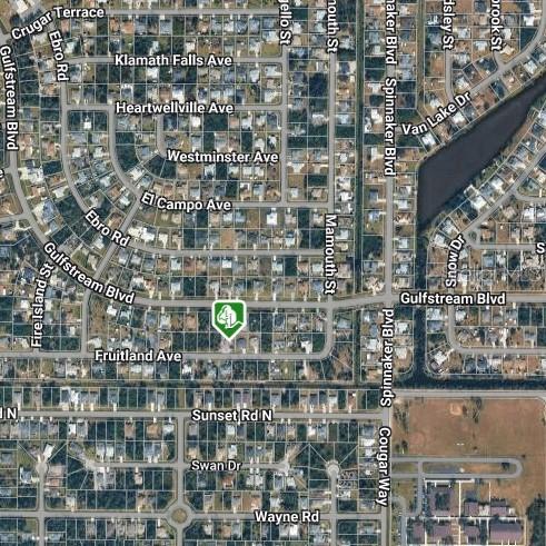 This is an aerial map view of a residential neighborhood with labeled streets — 9430 FRUITLAND AVENUE, ENGLEWOOD, FL