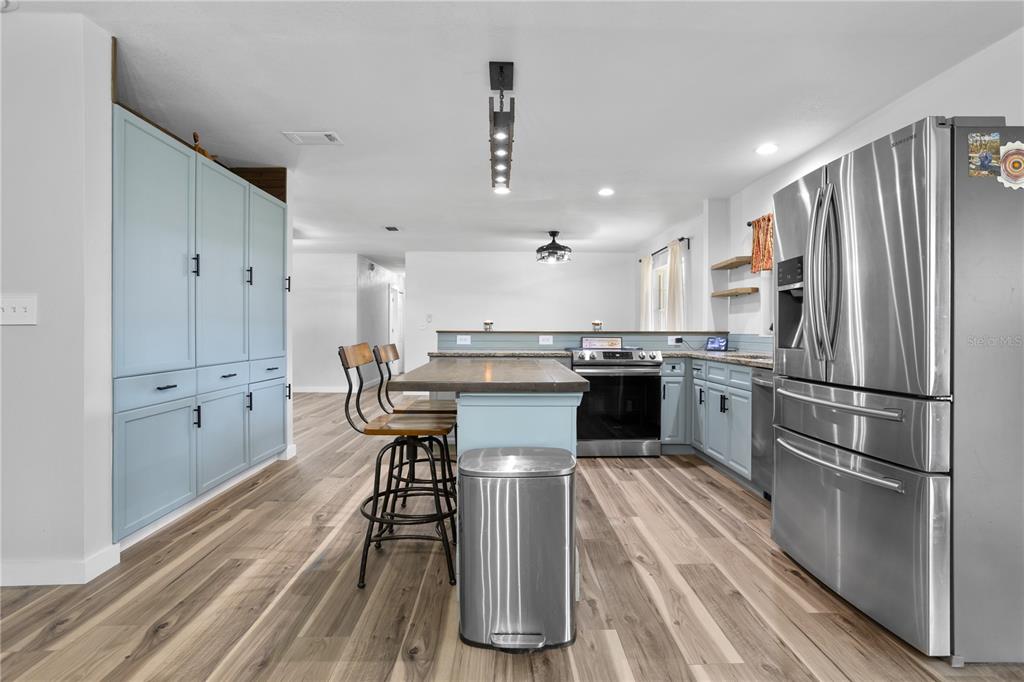 A kitchen features light blue cabinetry, a wooden island, stainless steel appliances, and wood-look flooring — 630 E THELMA STREET, LAKE ALFRED, FL