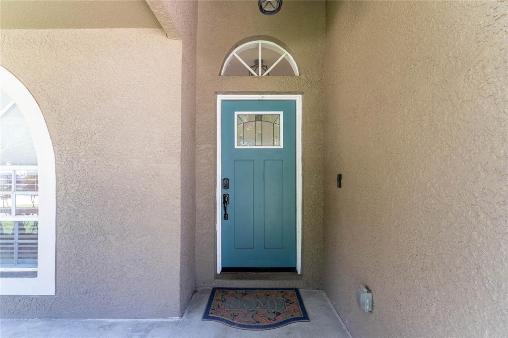 A teal front door with a glass insert sits under a semi-circular transom window — 19520 MORDEN BLUSH DRIVE, LUTZ, FL