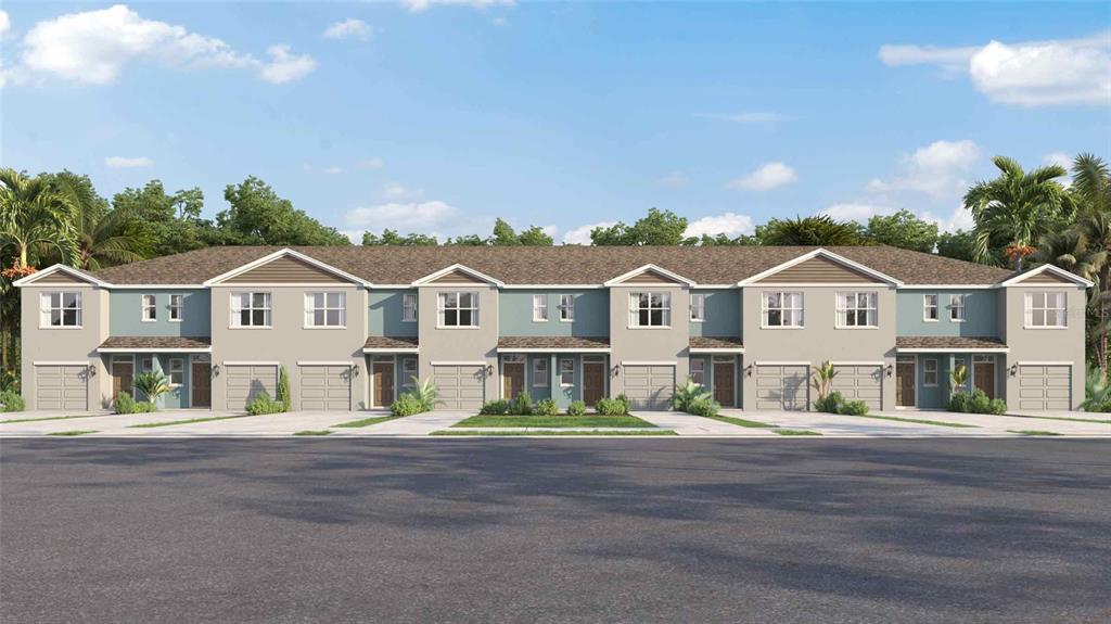 This is a digital rendering of a multi-unit townhouse complex with attached garages — 441 WARM HERON PLACE, RUSKIN, FL