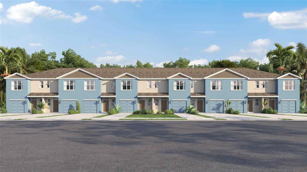 This is a digital rendering of a multi-unit townhouse building with blue siding and garages — 441 WARM HERON PLACE, RUSKIN, FL