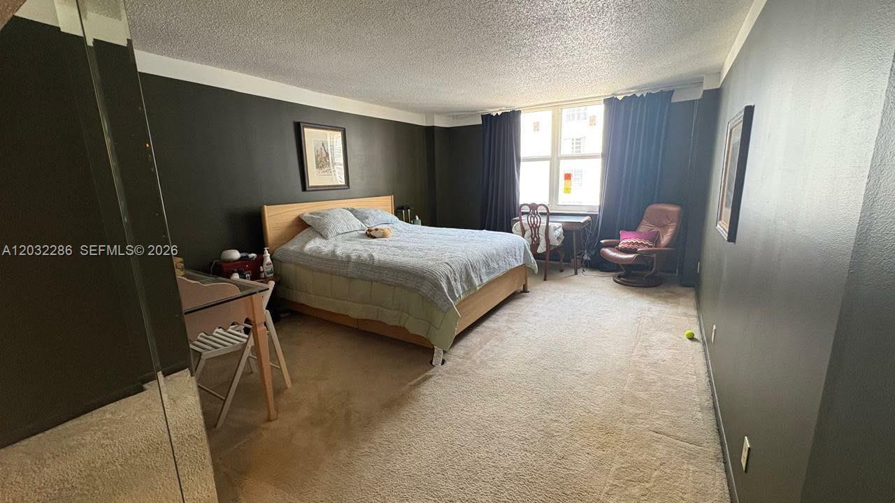 A bedroom features dark walls, a light wood bed frame, and beige carpeting — 1865 S Ocean Dr # 12E, Hallandale Beach FL 33009, HALLANDALE BEACH, FL