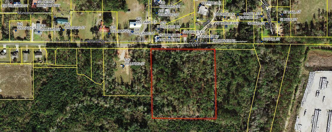 This is an aerial map showing a rectangular plot of land outlined in red — 0 Hobley Avenue, FL 32332, FL