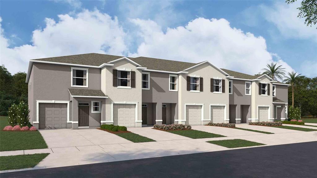 A digital rendering of a multi-unit townhouse complex with attached garages and paved driveways — 31243 PAPER BIRCH STREET, WESLEY CHAPEL, FL