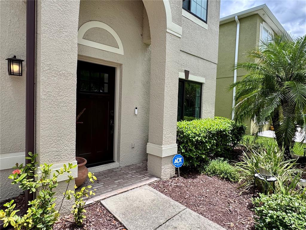 A dark brown front door with a glass window sits under a stucco entryway — 1625 EMERALD HILL WAY, VALRICO, FL