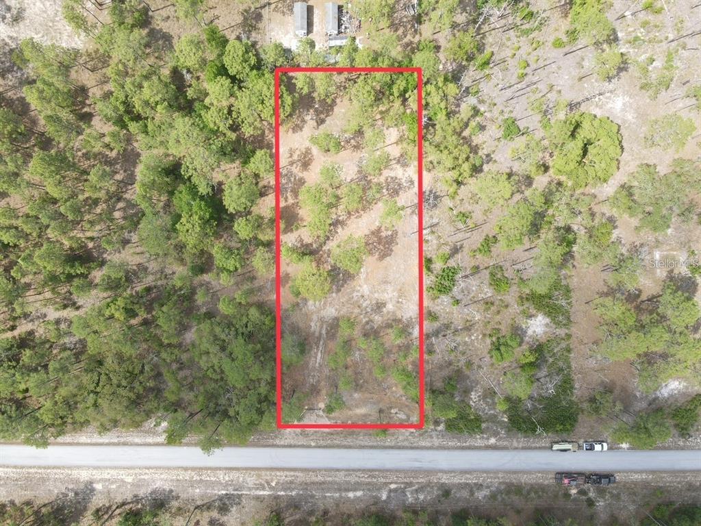 An aerial view shows a rectangular, tree-covered plot of land bordering a paved road — SW EDGEWATER BOULEVARD, DUNNELLON, FL