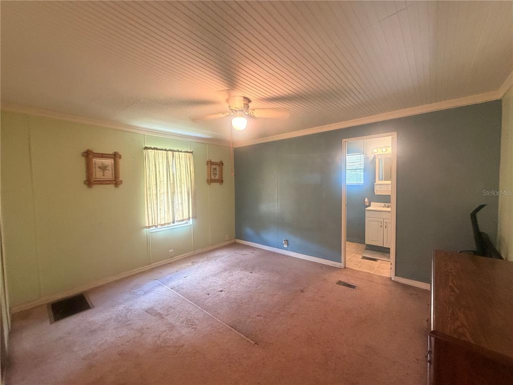 A bedroom features light green and blue walls, carpeted flooring, a ceiling fan, and an ensuite — 8582 W ADMIRAL BYRD LANE, CRYSTAL RIVER, FL